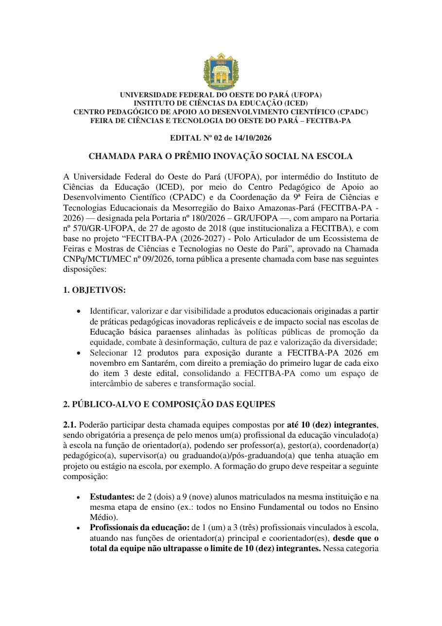 Prévia da primeira página do Edital 02/2026 - Chamada para o Prêmio Inovação Social na Escola.
