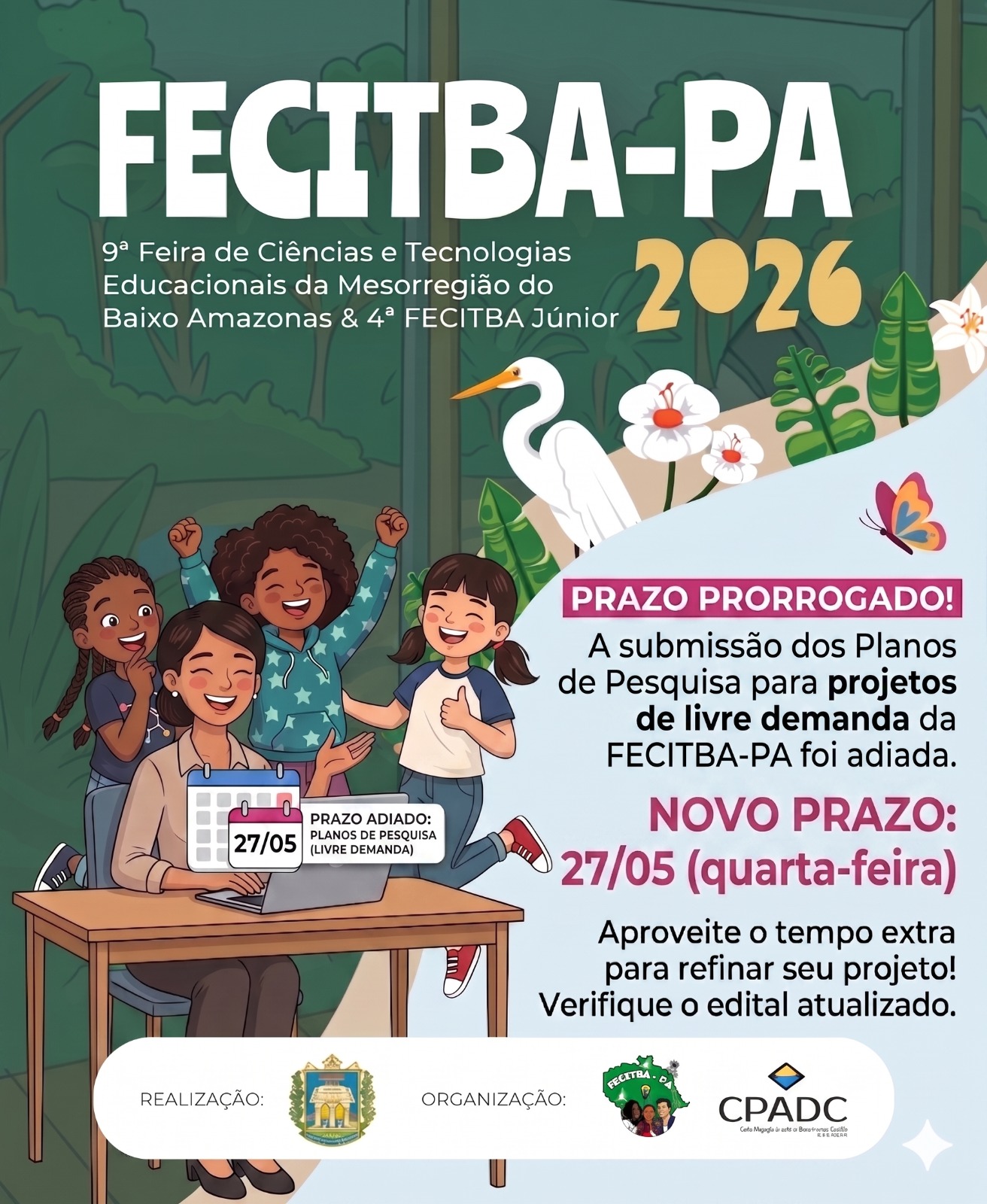 Banner de prorrogação do prazo de submissão dos Planos de Pesquisa — FECITBA-PA 2026. Novo prazo: 27/05.
